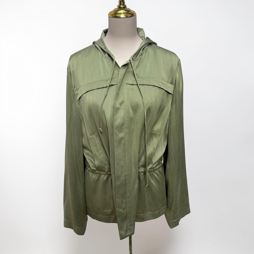 Company Ellen Tracy Silk Utility Jacket XL Sage Green Hooded Drawstring Gorpcore
